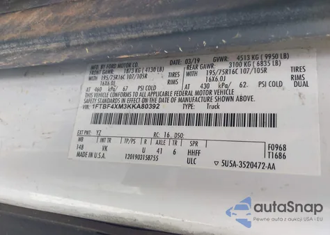 2019 Ford Transit-350 из США, поврежденный, VIN 1FTBF4XM3KKA80392